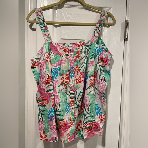 Cynthia Rowley Size L Smocked Strap 100% Linen Tropical Pearl Button Back Top - Picture 9 of 10